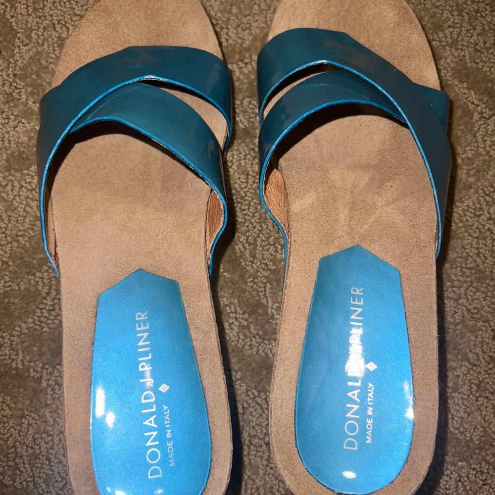 NEW NIB Donald J. Pliner Women's Teal and Tan Cork Wedge Sandals, Size 9